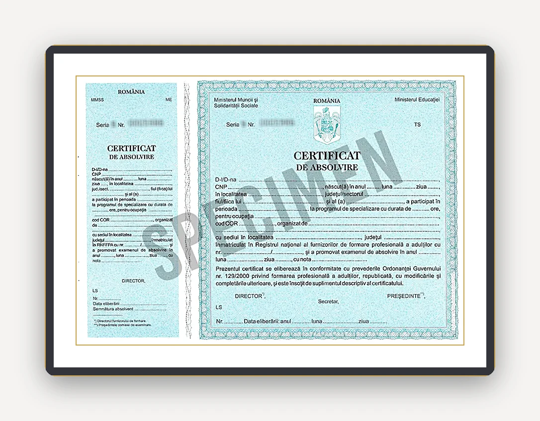Model de certificat de absolvire pentru un curs de specializare, emis sub antetul Ministerului Muncii si al Ministerului Educatiei